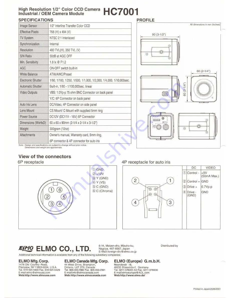 Elmo HC7001 Specifications Download Page 2