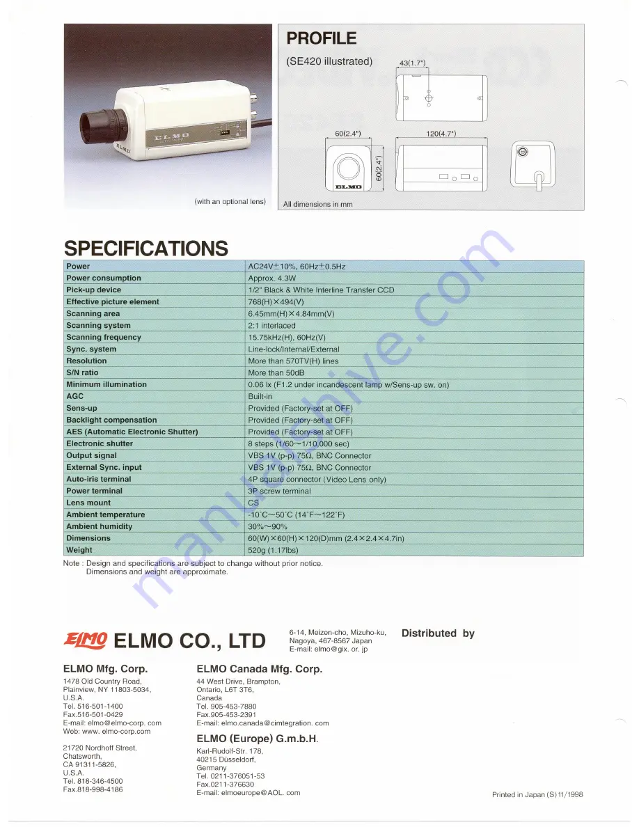 Elmo SE420 Specifications Download Page 2