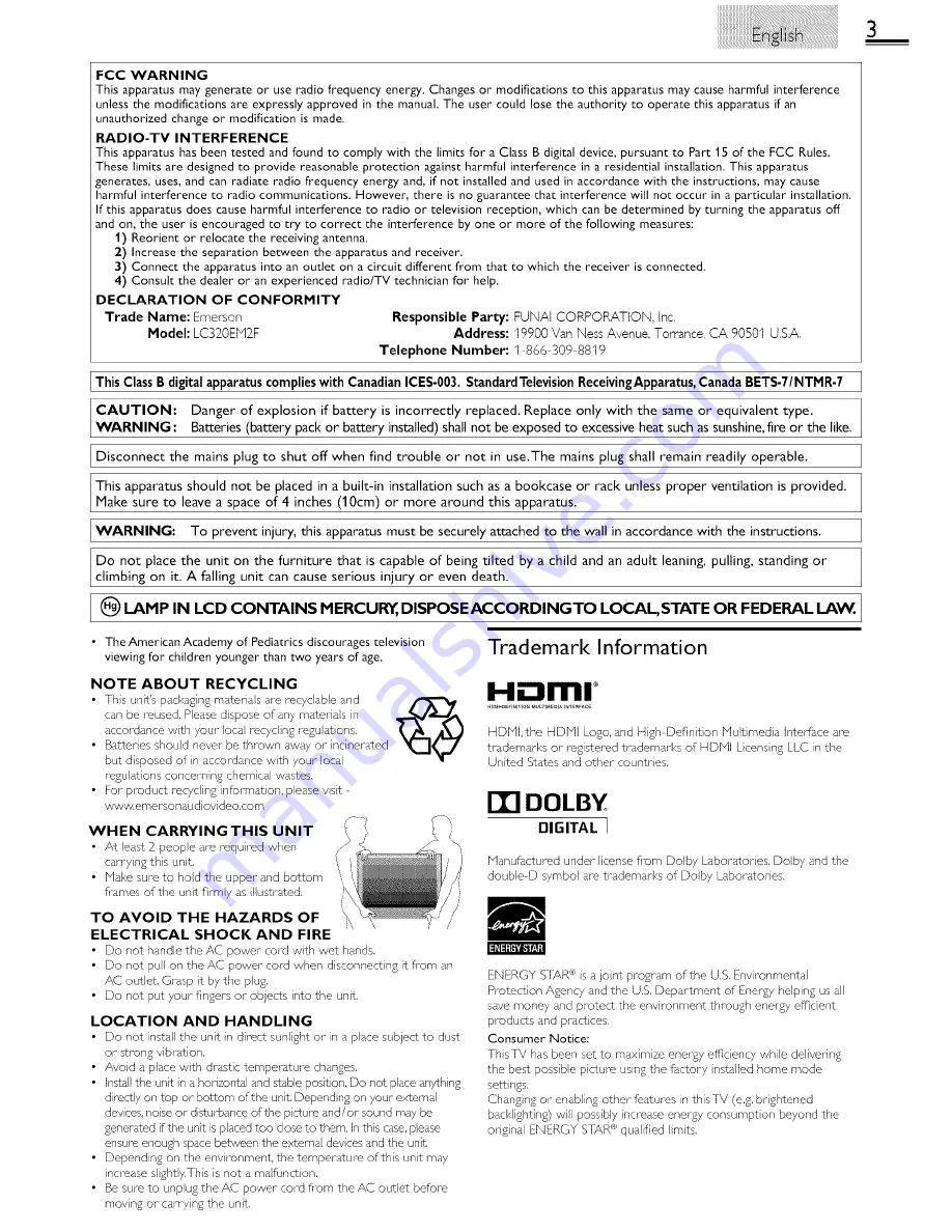 Emerson LC320EM2F Owner'S Manual Download Page 3