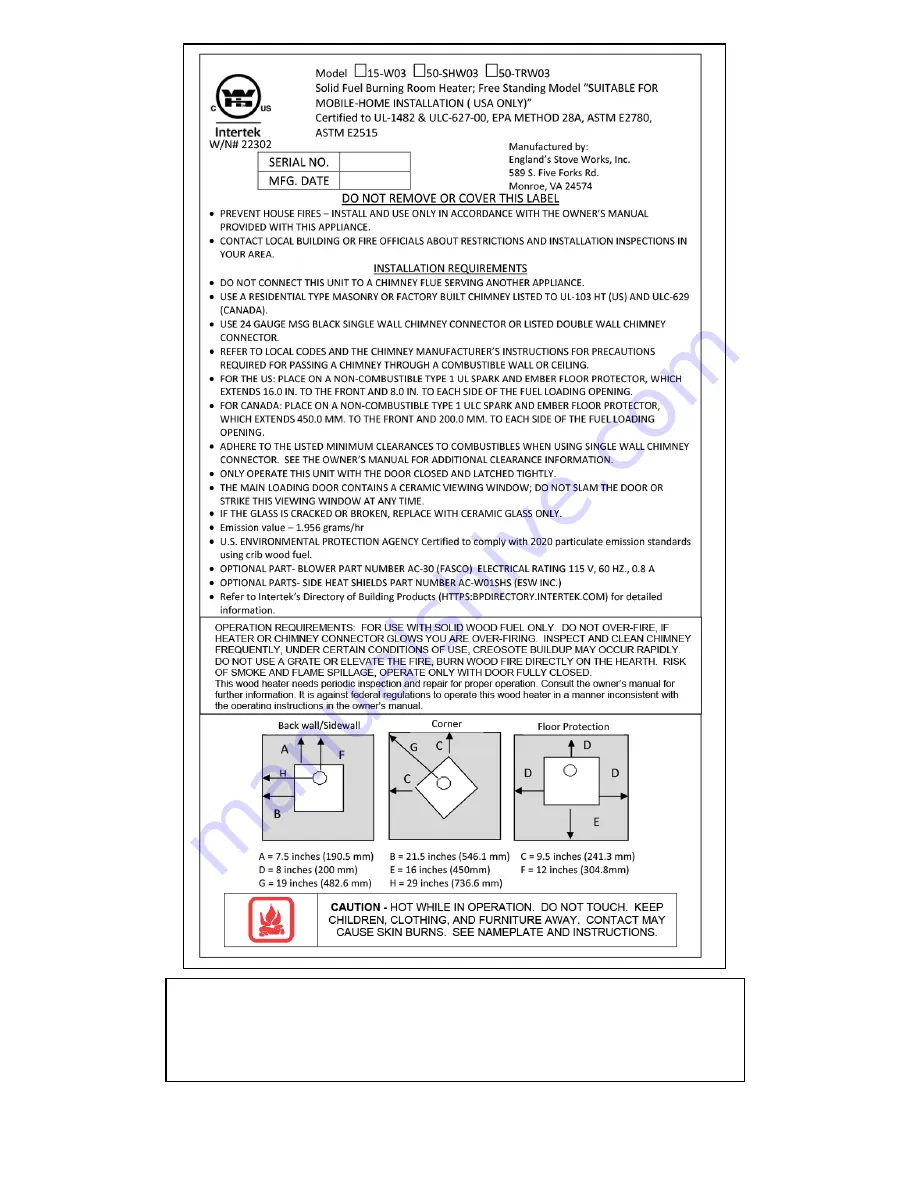 England's Stove Works 15-W03 Installation & Operation Manual Download Page 31