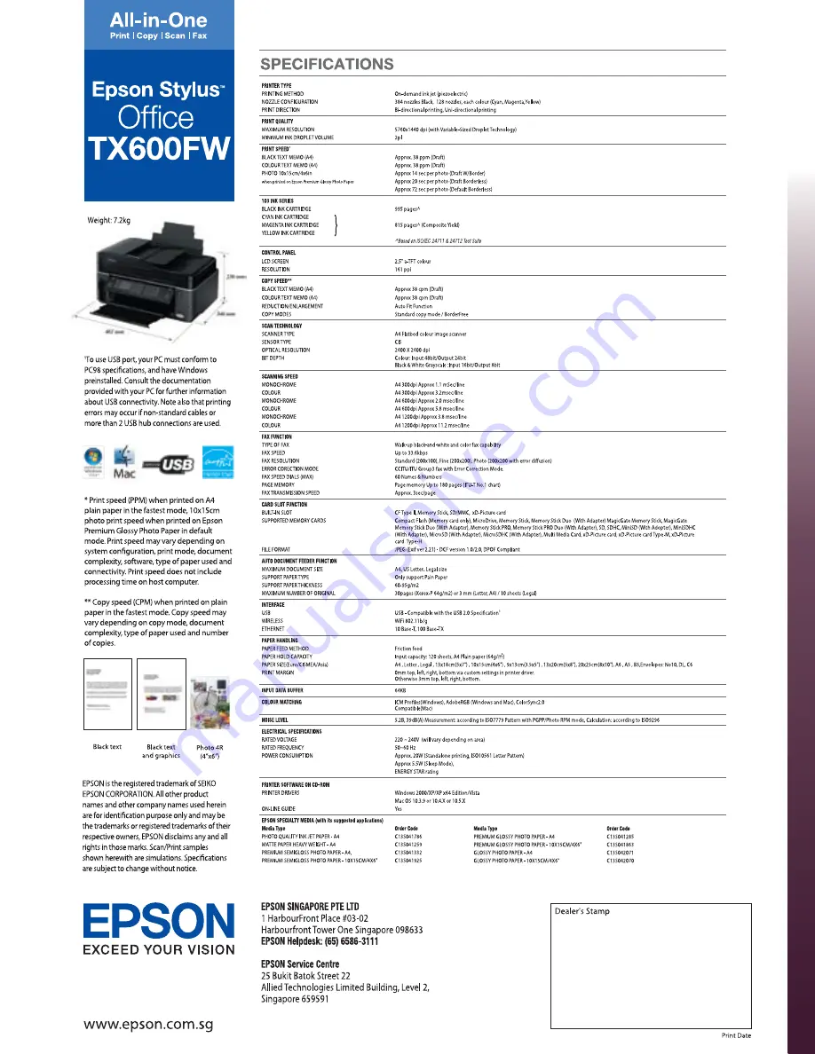 Epson Stylus Office TX600FW Series Specifications Download Page 4