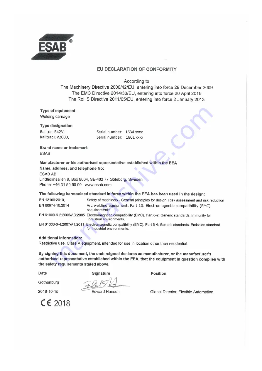 ESAB Railtrac BV2000 Instruction Manual Download Page 2