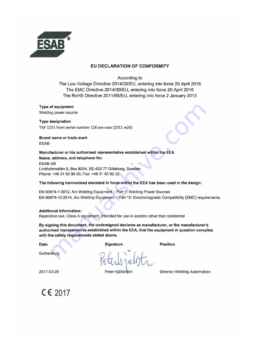 ESAB TAF 1251 Instruction Manual Download Page 2