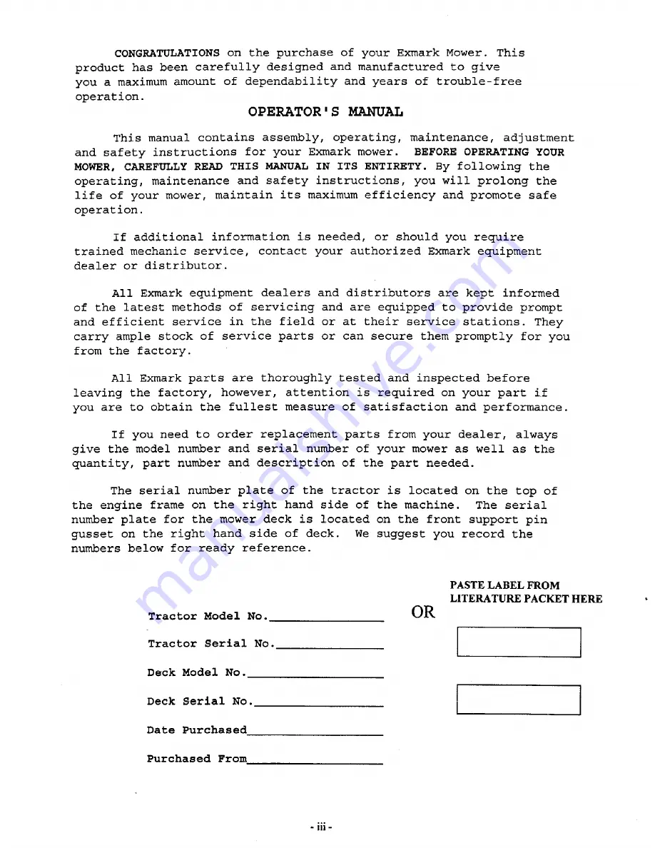 Exmark Turf Tracer Hydro Operator'S Manual Download Page 4