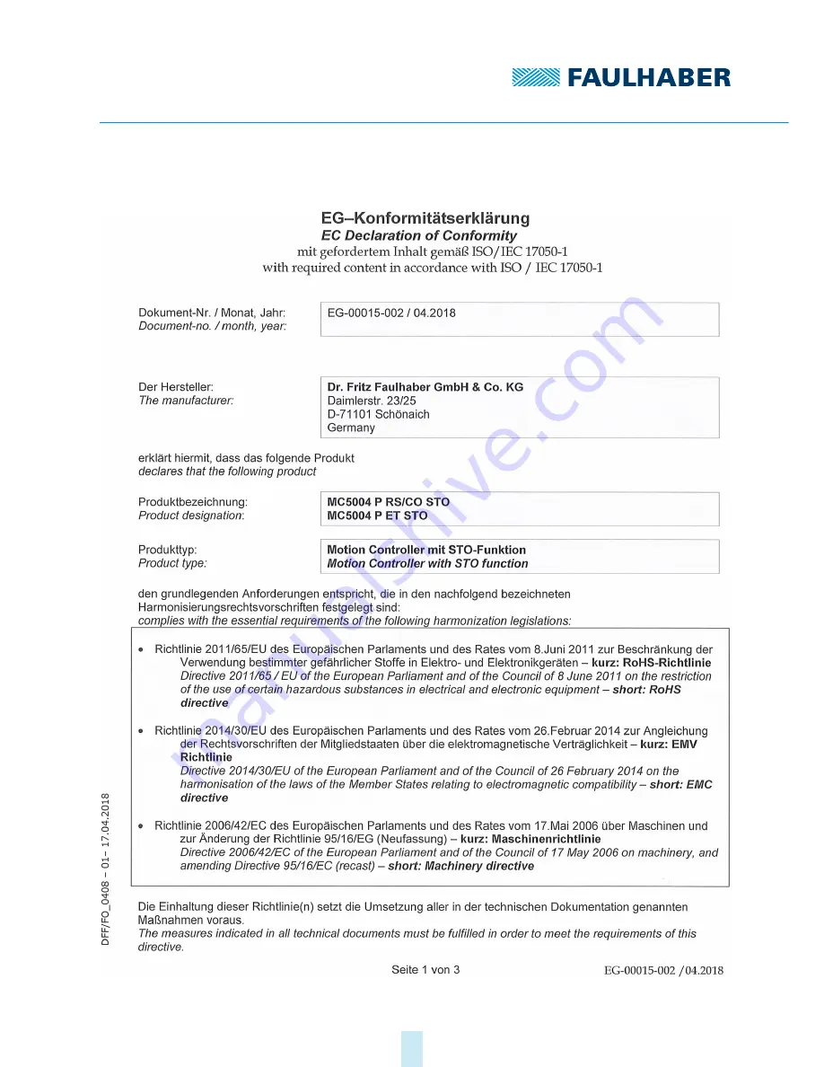 Faulhaber MC 5004 P STO Installation Instructions Manual Download Page 63