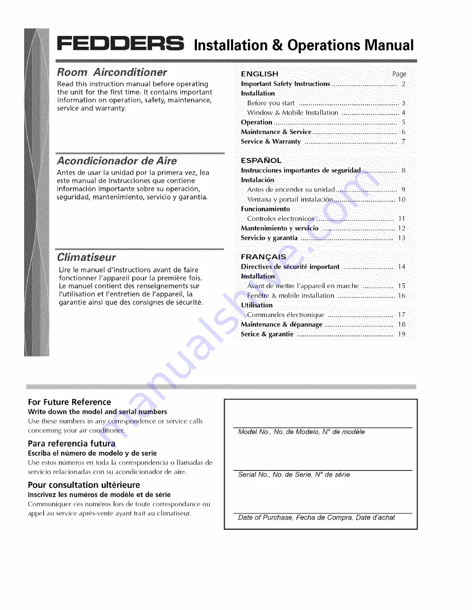 Fedders 23-23-0381N-001 s Installation & Operation Manual Download Page 1