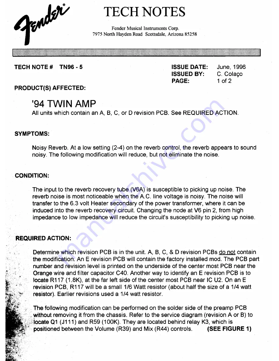 Fender Twin Amp 1994 Service Manual Download Page 18