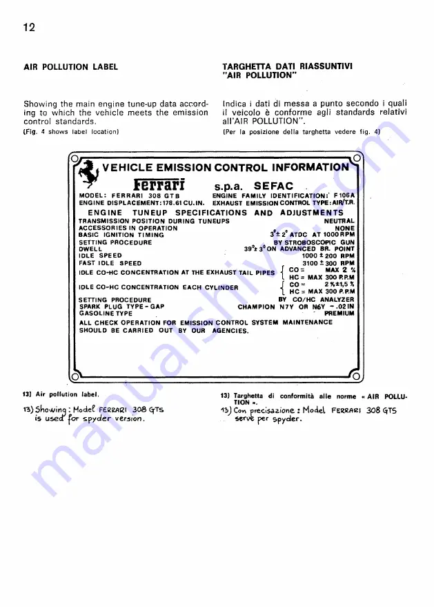 Ferrari 308 GTB 1977 Owner'S Manual Download Page 12