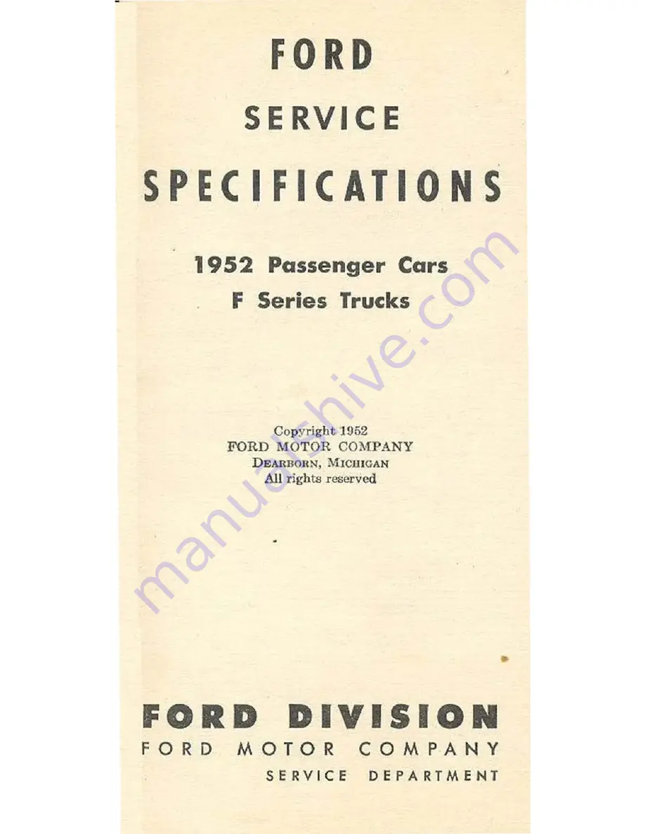 Ford 1952 F Series Service Specifications Handbook Download Page 3