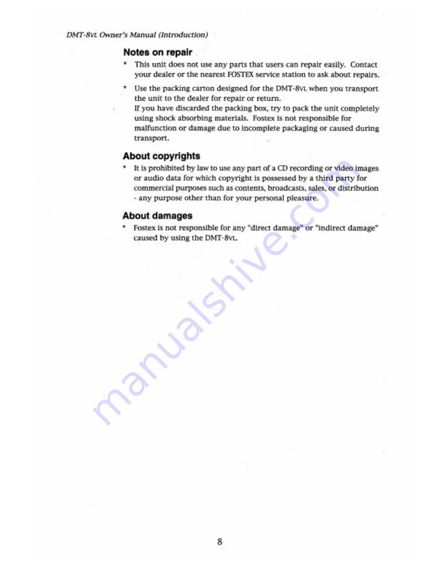 Fostex DMT-8VL Owner'S Manual Download Page 8