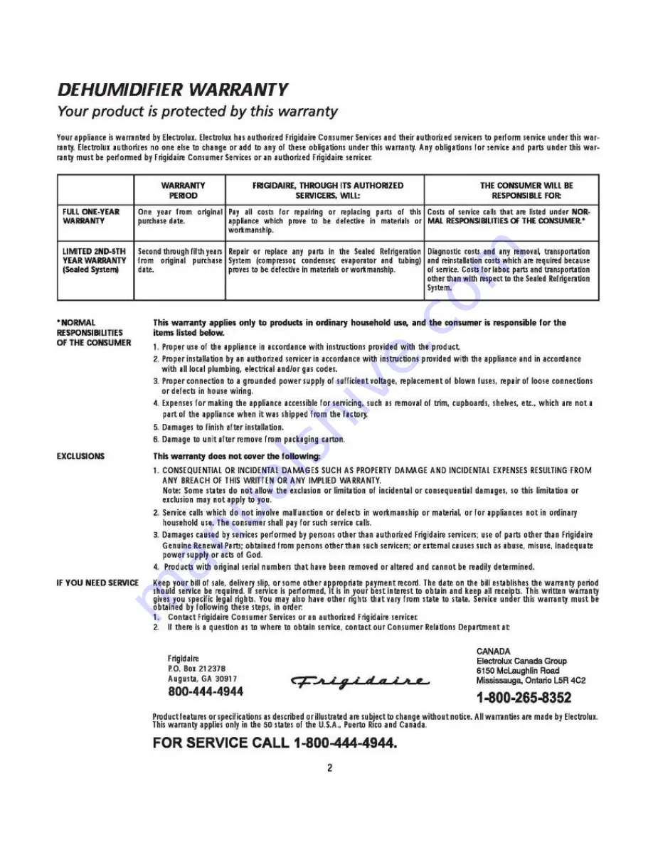 Frigidaire 2020266A0072 Owner'S Manual Download Page 2