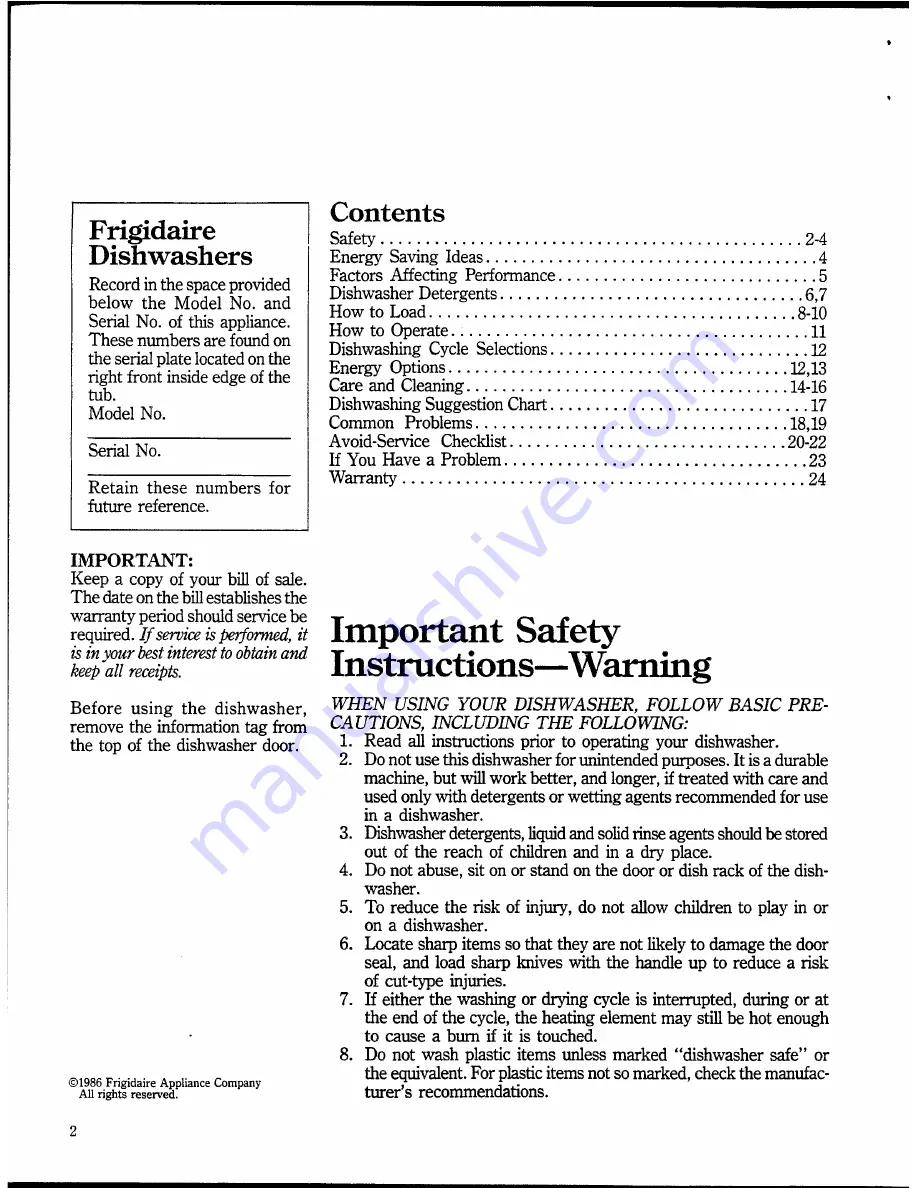 Frigidaire DW3300D Owner'S Manual Download Page 2