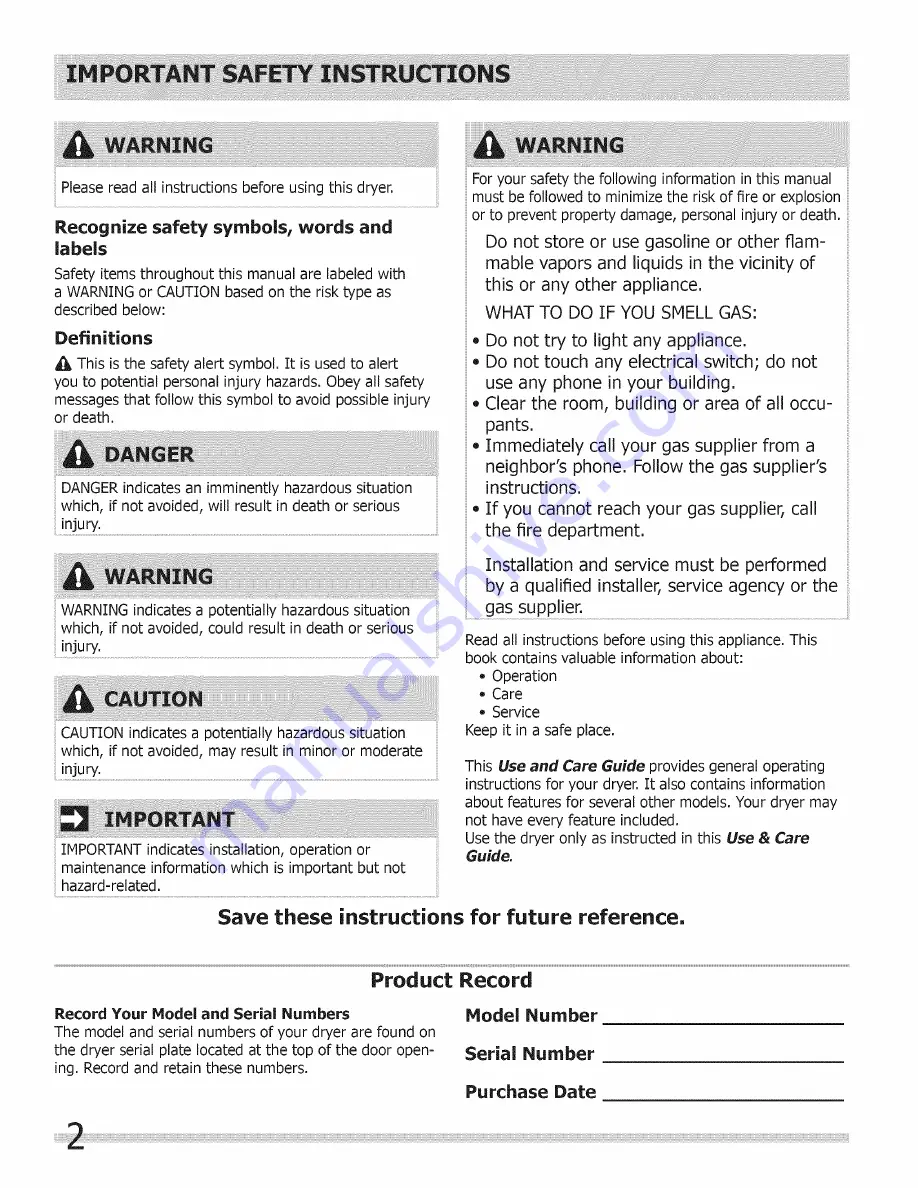 Frigidaire FAQG7017KA0 Use & Care Manual Download Page 2