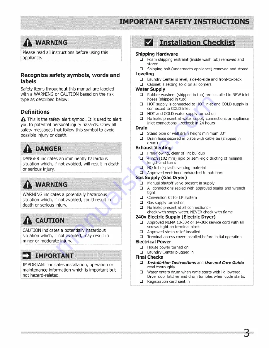 Frigidaire FFLE1011MW0 Installation Manual Download Page 3