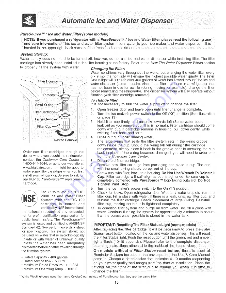 Frigidaire GS23HSZDW3 Use & Care Manual Download Page 15