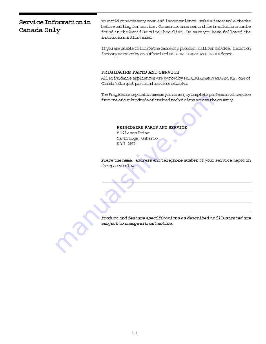 Frigidaire MFU17F3GW2 Owner'S Manual Download Page 11