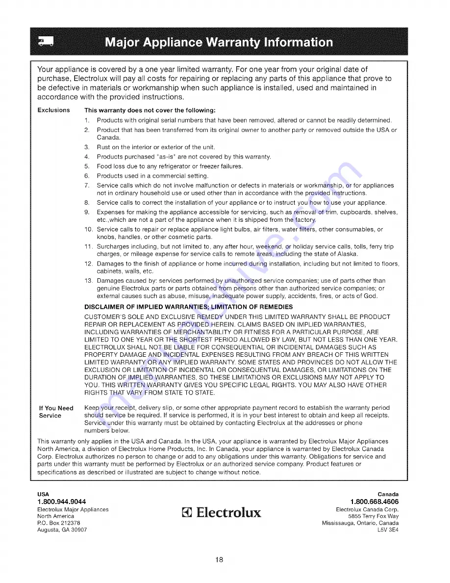 Frigidaire PHT189HKM1 Use & Care Manual Download Page 18