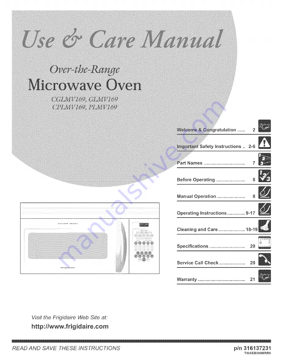 Frigidaire plmv169dcd Use And Care Manual Download Page 1