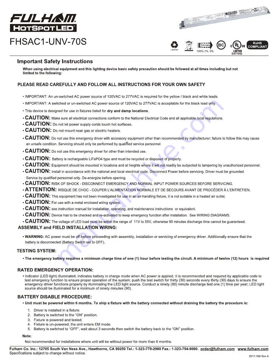 Fulham HotSpotLED FHSAC1-UNV-70S Installation Instructions Manual Download Page 1