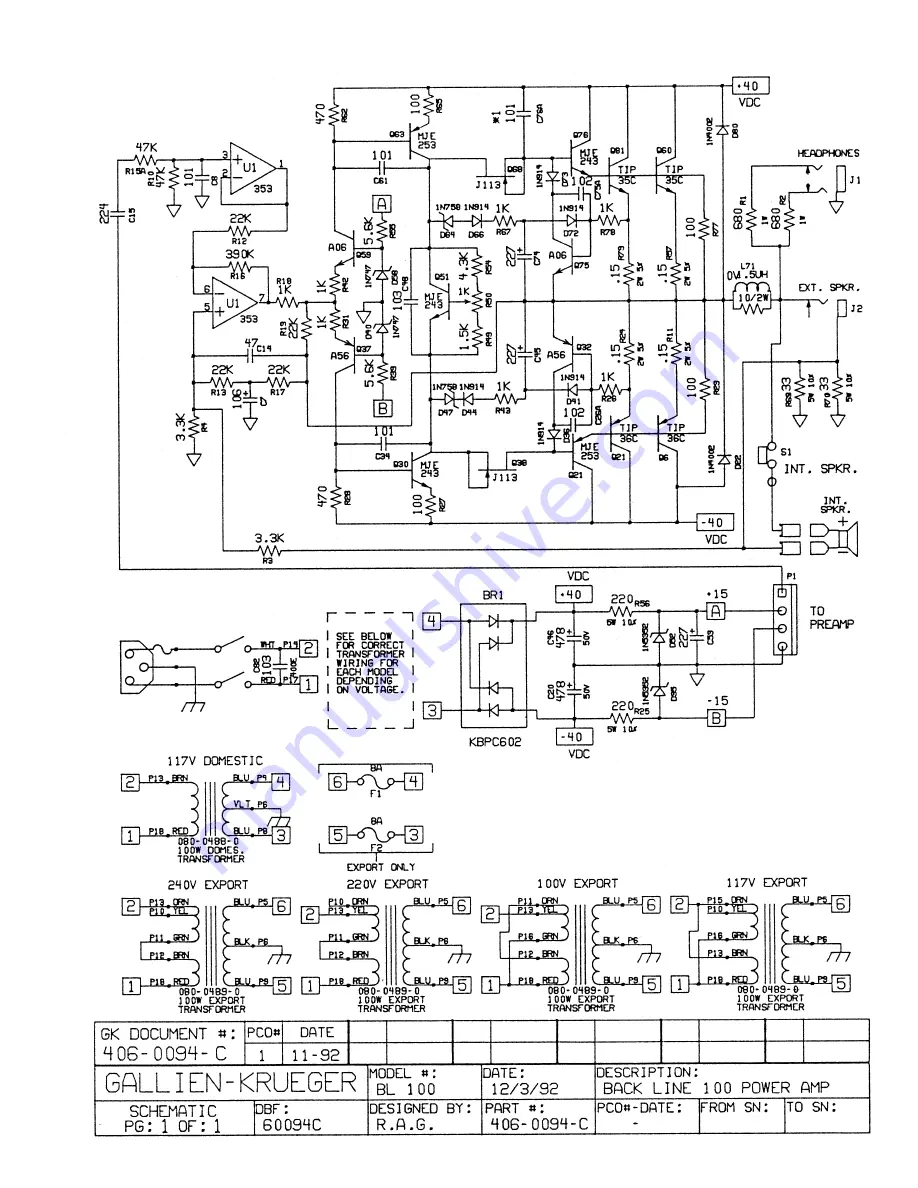 Gallien-Krueger Backline 100 Service Manual Download Page 11