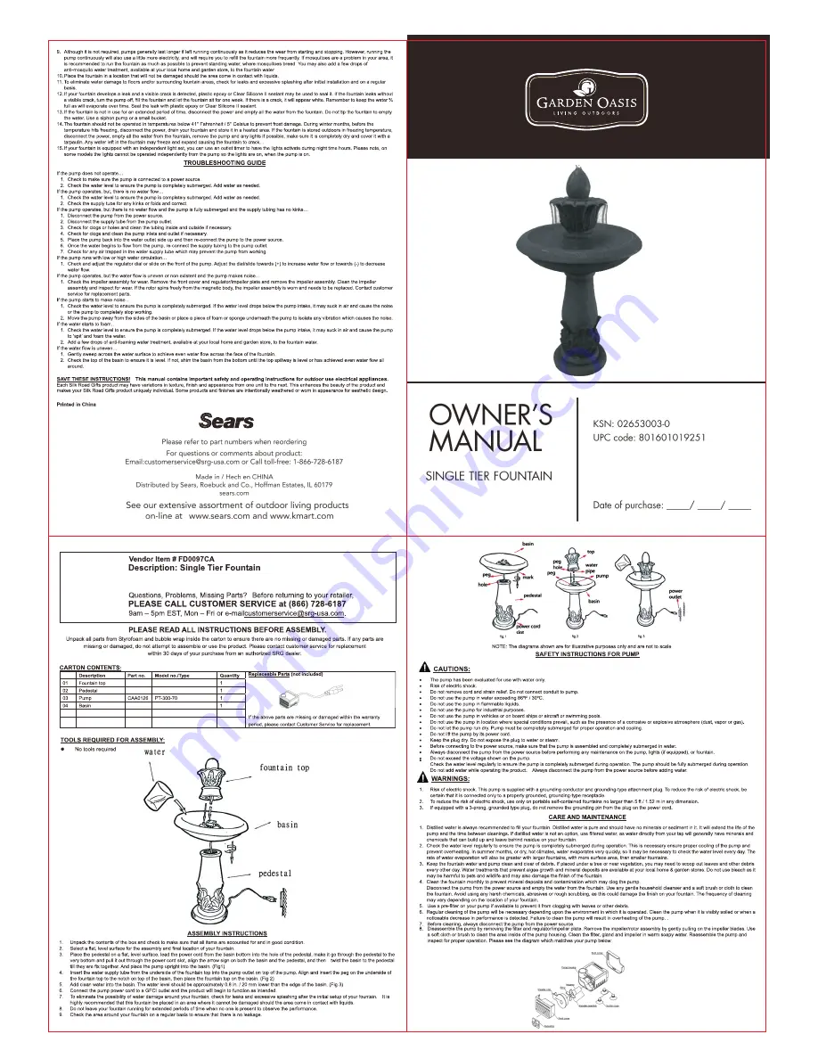 Garden Oasis FD0097CA Owner'S Manual Download Page 1