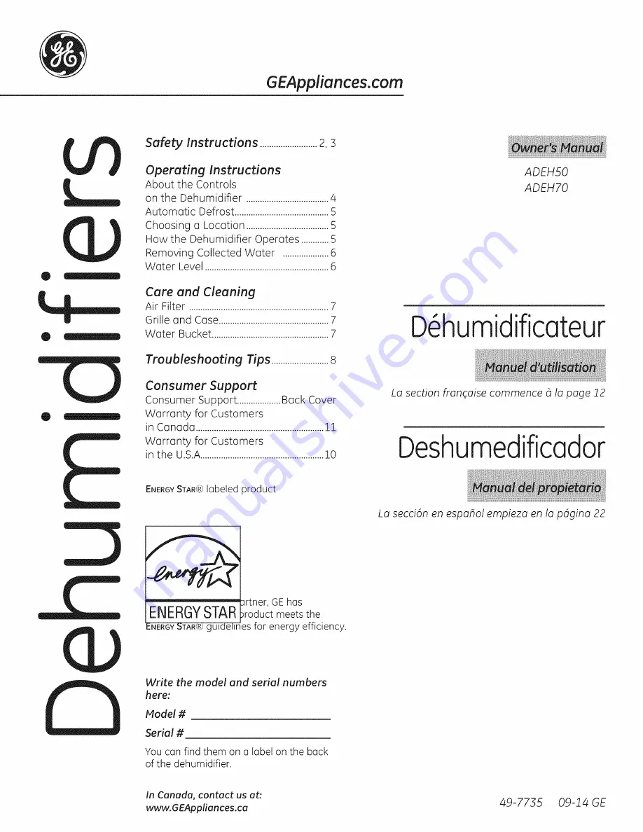 GE ADEH70 Owner'S Manual Download Page 1