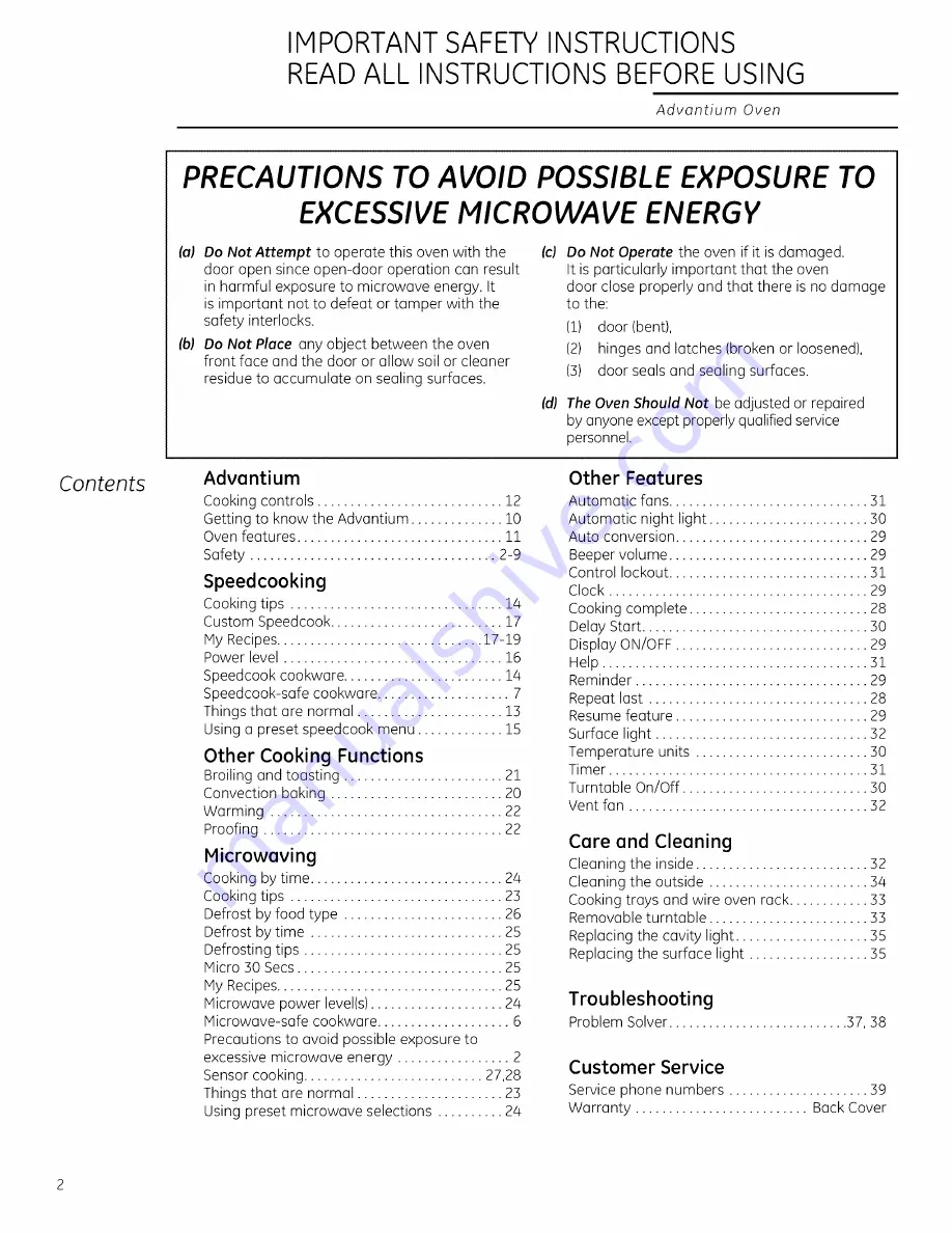 GE Advantium ZSA1201 Owner'S Manual Download Page 2