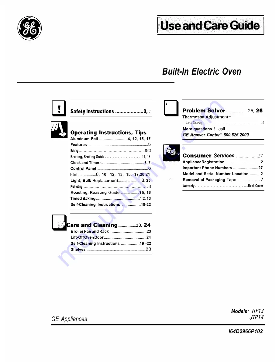 GE Appliances JTP13 Use And Care Manual Download Page 1