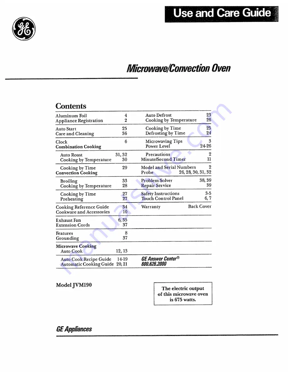 GE Appliances JVM1920 Use And Care Manual Download Page 1