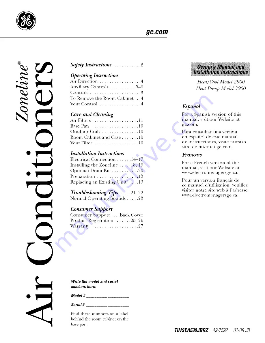 GE AZ29E07DACM1 and Owner'S Manual And Installation Instructions Download Page 1