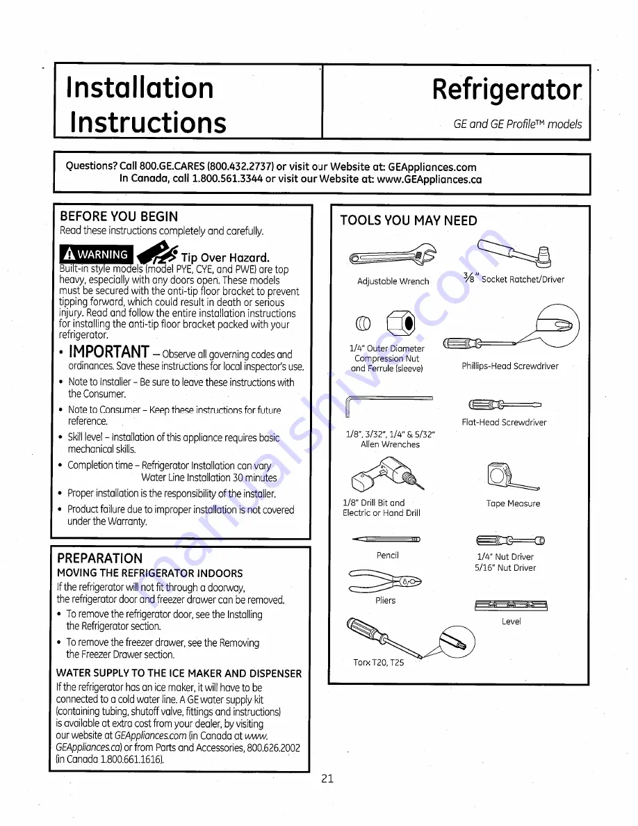 GE Bottom Freezer Refrigerators Owner'S Manual And Installation Instructions Download Page 21