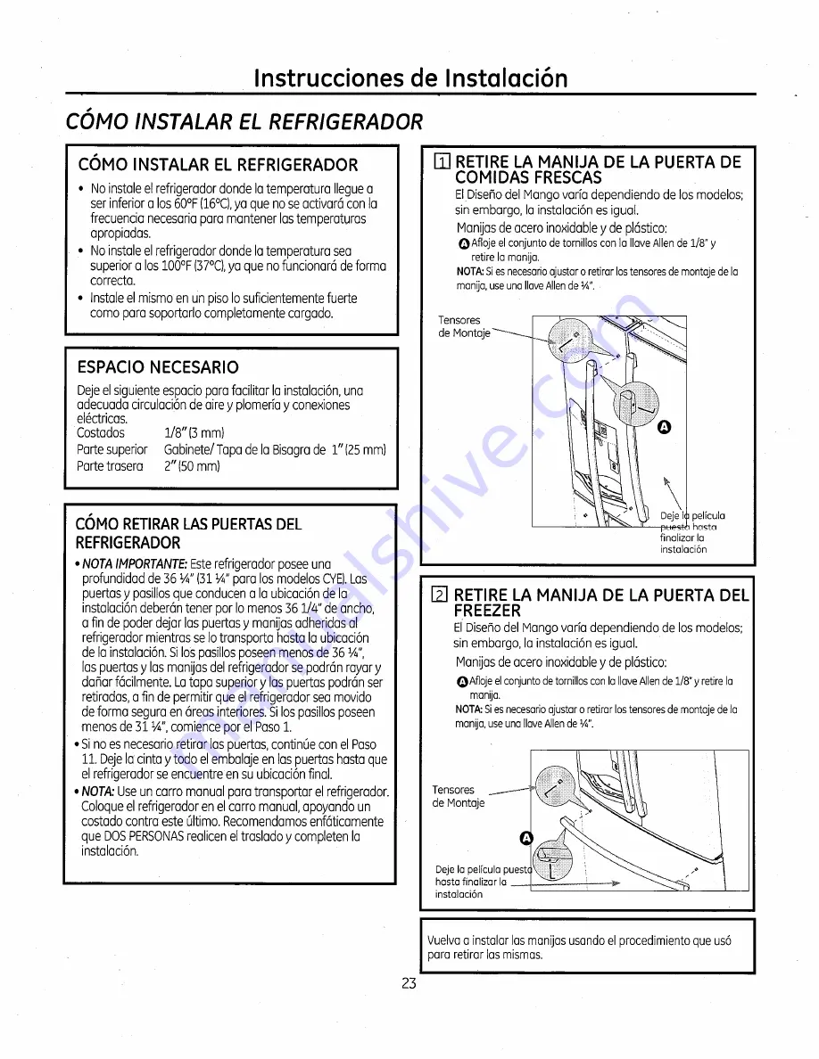 GE Bottom Freezer Refrigerators Owner'S Manual And Installation Instructions Download Page 115