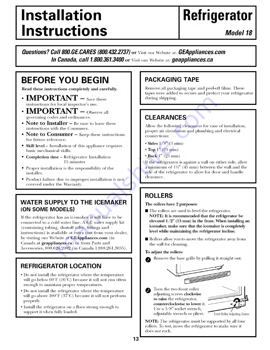 GE GBS18SBPALSS and Owner'S Manual And Installation Instructions Download Page 13