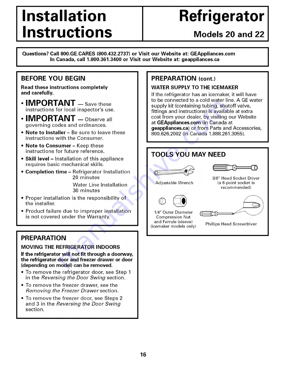 GE GBS20KBPAWW and Owner'S Manual And Installation Instructions Download Page 16