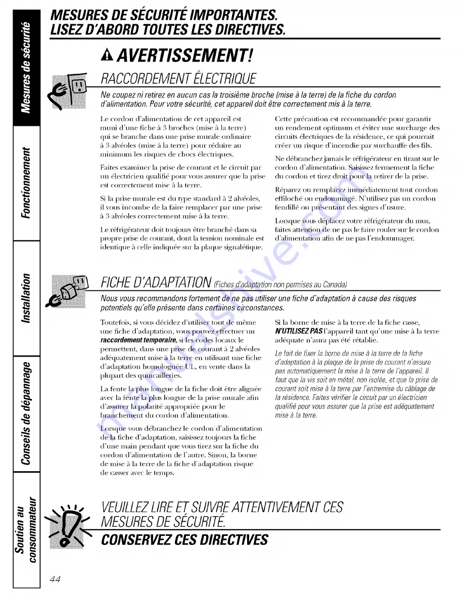 GE GBS20KBPAWW and Owner'S Manual And Installation Instructions Download Page 44