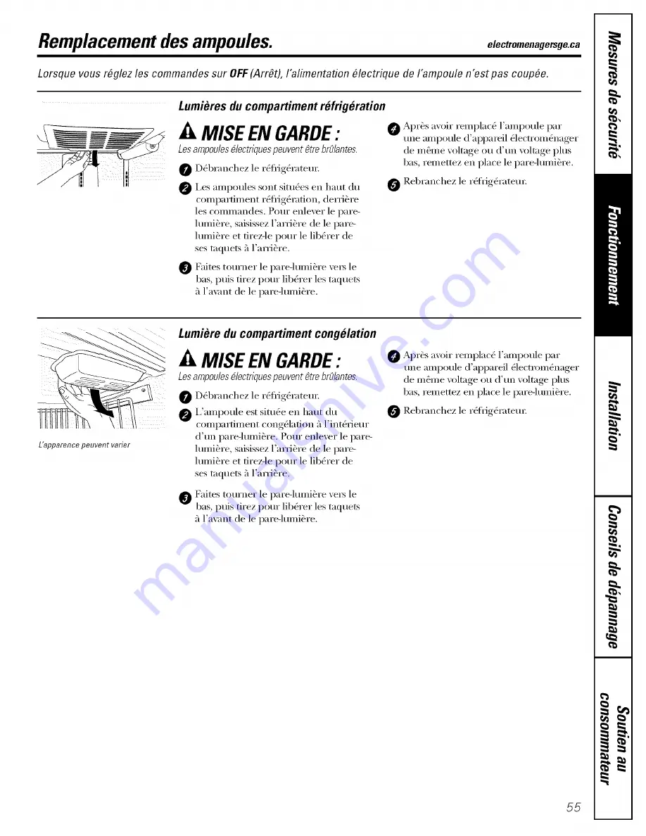 GE GBS20KBPAWW and Owner'S Manual And Installation Instructions Download Page 55