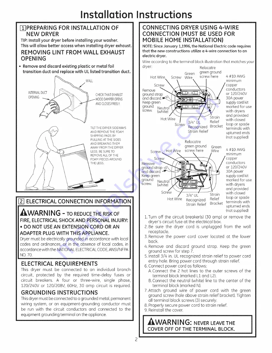 GE GFDN110ED1WW Installation Instructions Manual Download Page 2