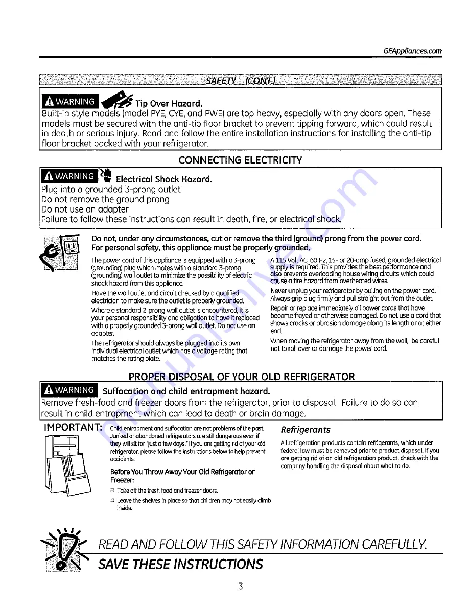 GE GFE27GSDSS Owner'S Manual And Installation Instructions Download Page 3