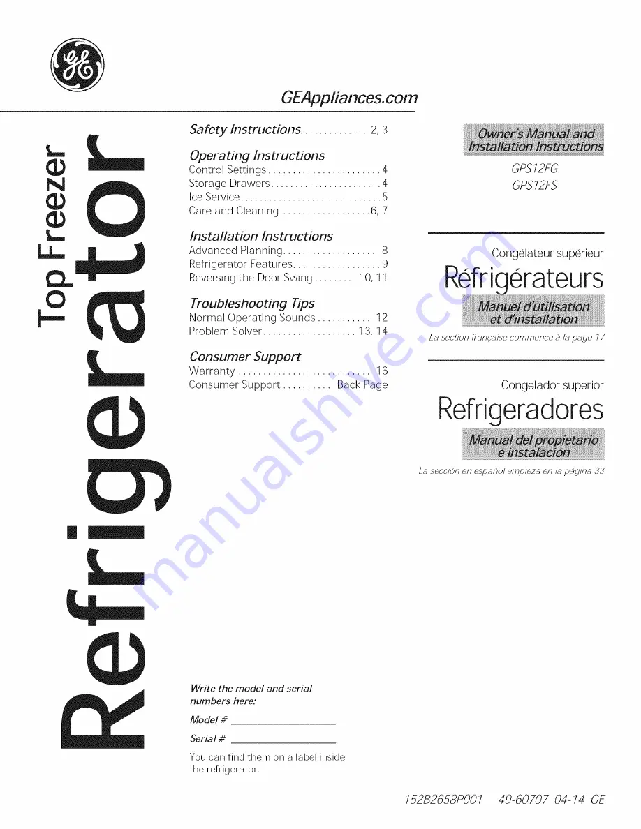 GE GPS12FGHBBB Owner'S Manual And Installation Instructions Download Page 1