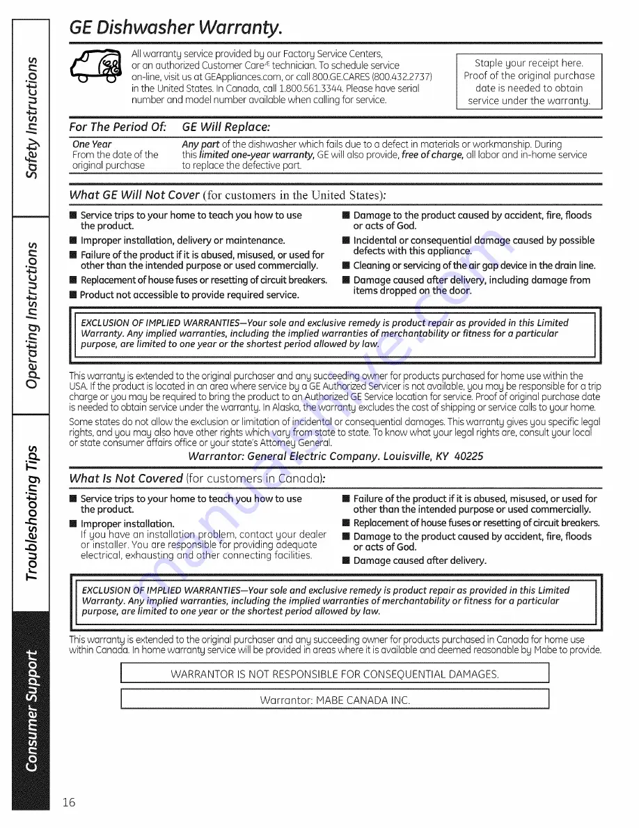 GE GSC3500D00BB Owner'S Manual Download Page 16