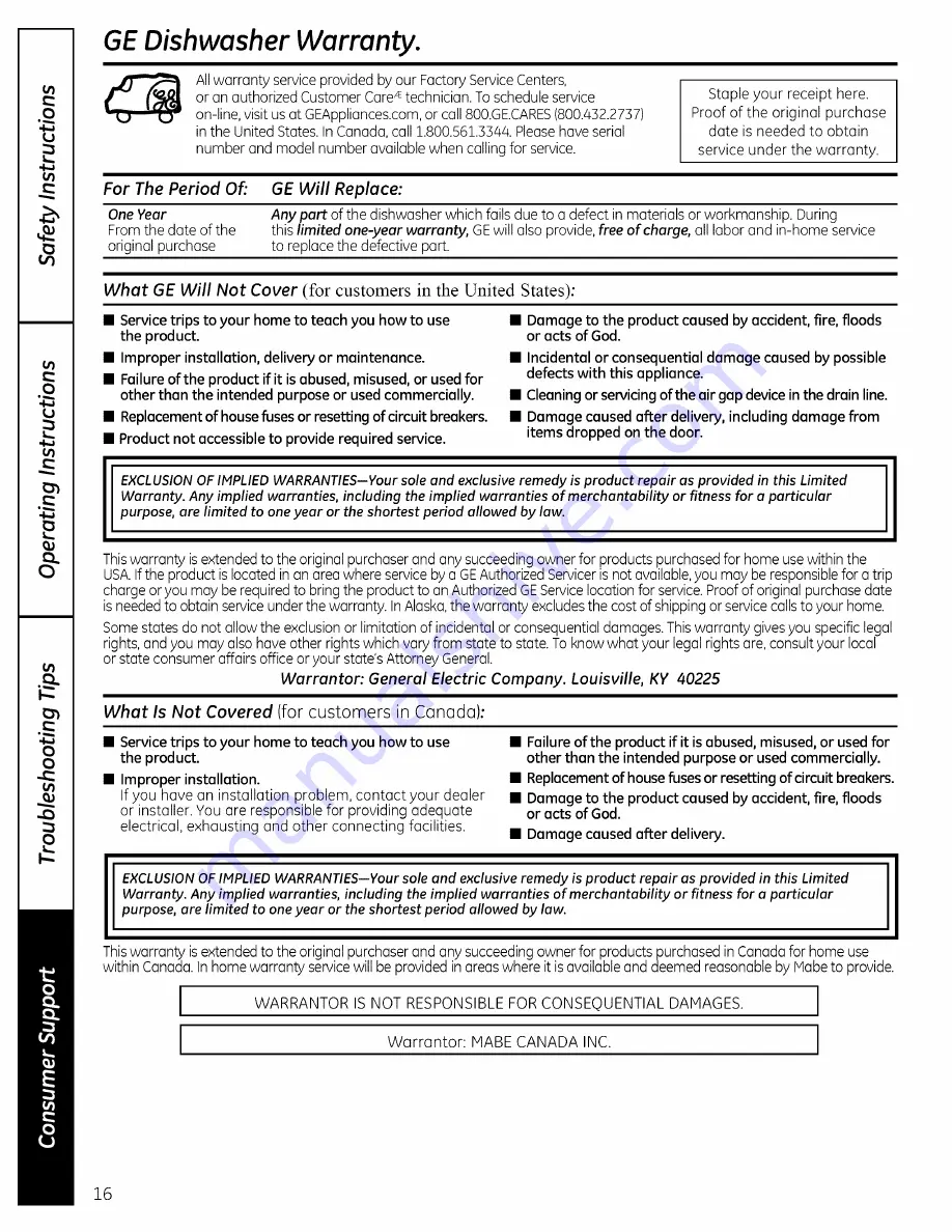 GE GSC3500D35BB Owner'S Manual Download Page 16