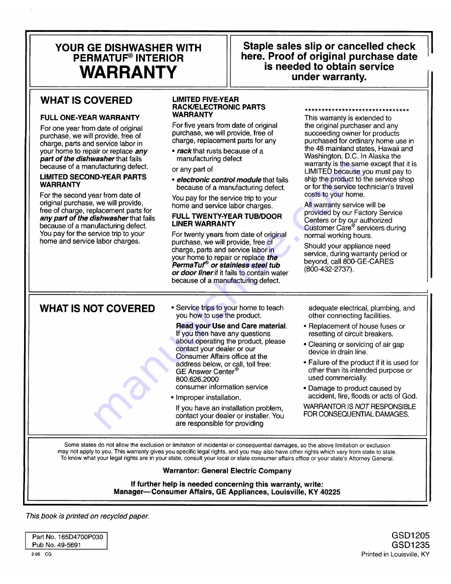 GE GSD1205 Use And Care Manual Download Page 20