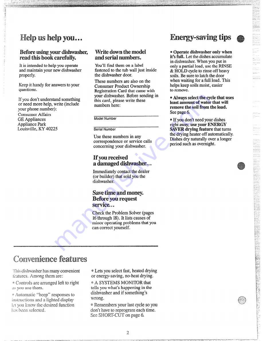 GE GSD2230L Use And Care Manual Download Page 2