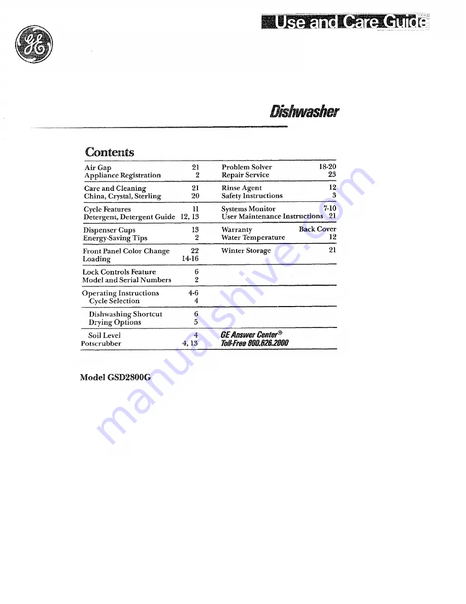 GE GSD2800G Use And Care Manual Download Page 1