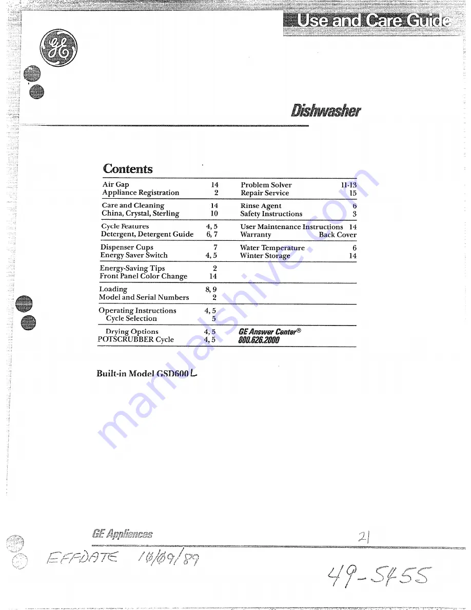 GE GSD600L Use And Care Manual Download Page 1