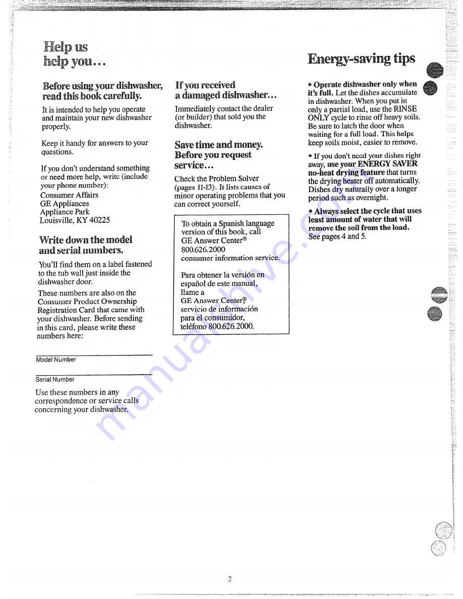 GE GSD600L Use And Care Manual Download Page 2