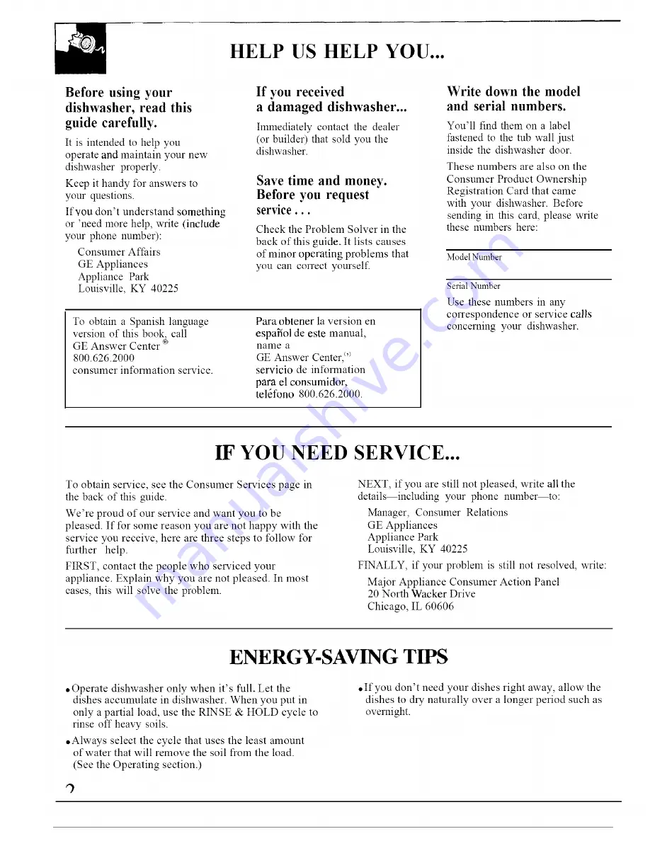 GE GSD700 Use And Care Manual Download Page 2