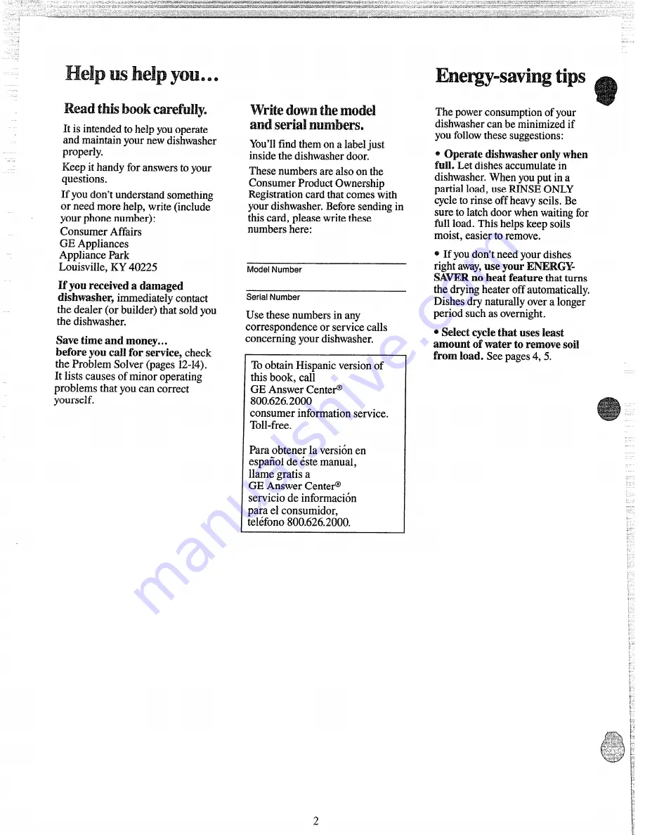 GE GSD700G Use And Care Manual Download Page 2