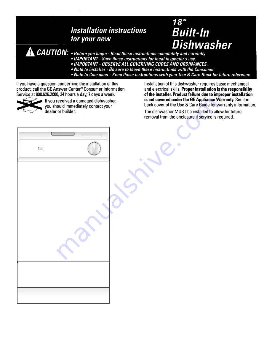 GE GSS1800H Series Installation Instructions Manual Download Page 1