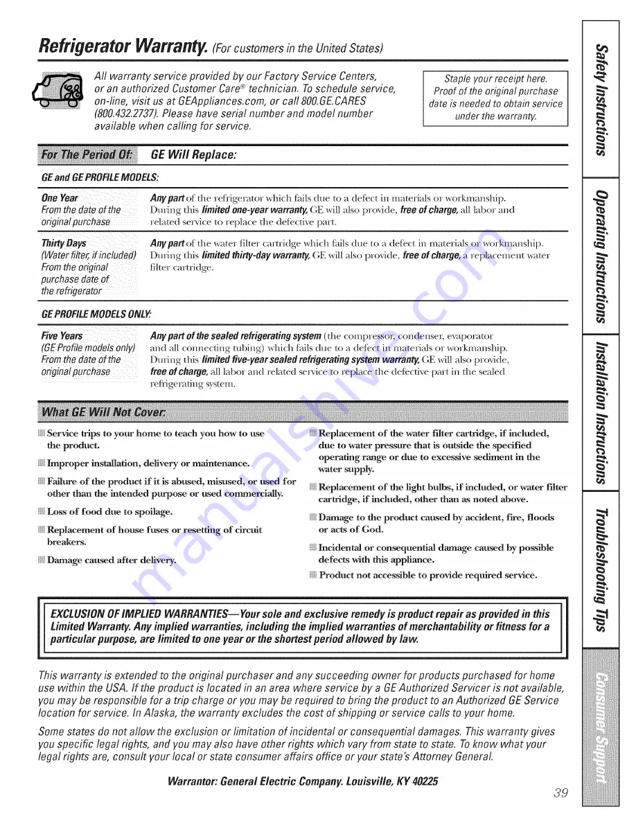 GE GSS25LSWJSS and Owner'S Manual And Installation Download Page 39